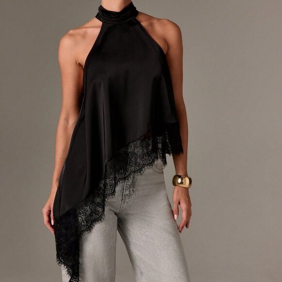 Black elegant Women's Sleeveless High Neck Lace Trim Asymmetric Satin Top - Picture 4 of 5